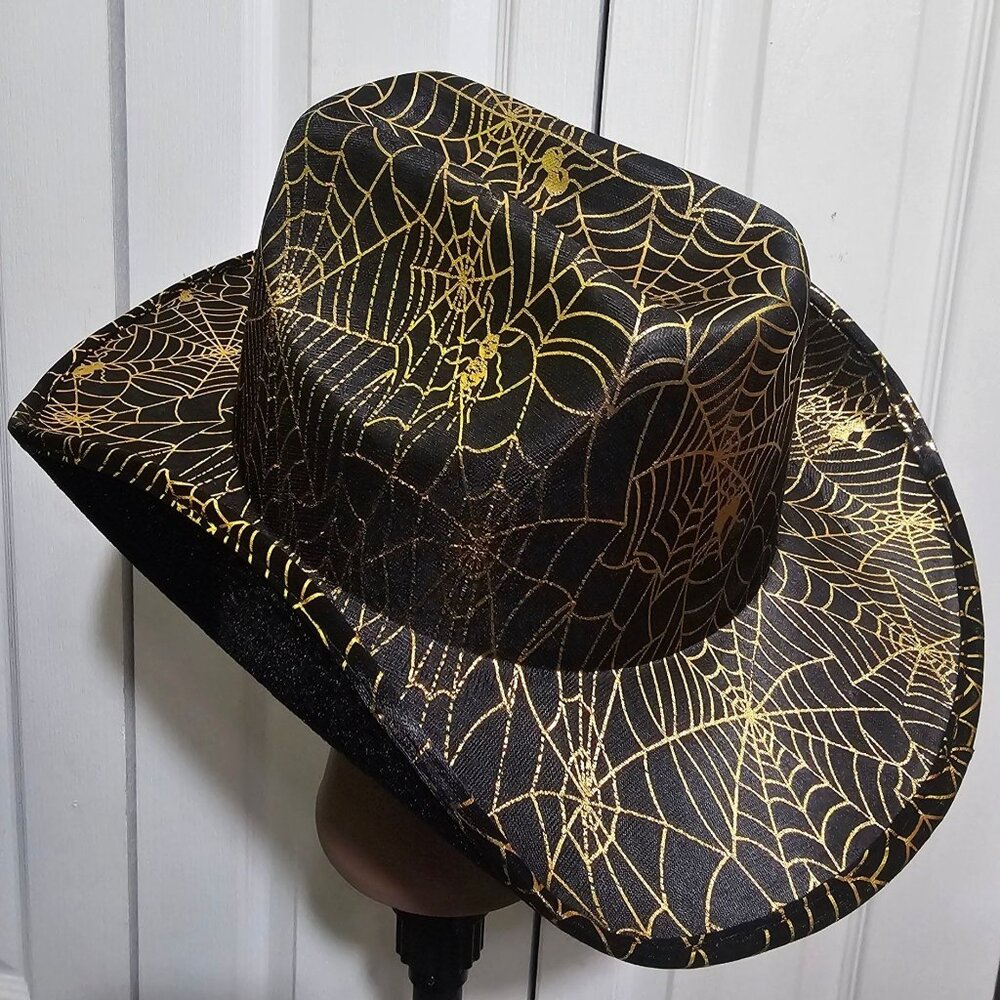 Gold Spiderweb Cowboy Party Hat Fedora Cowgirl Black Halloween Witch Spider NEW